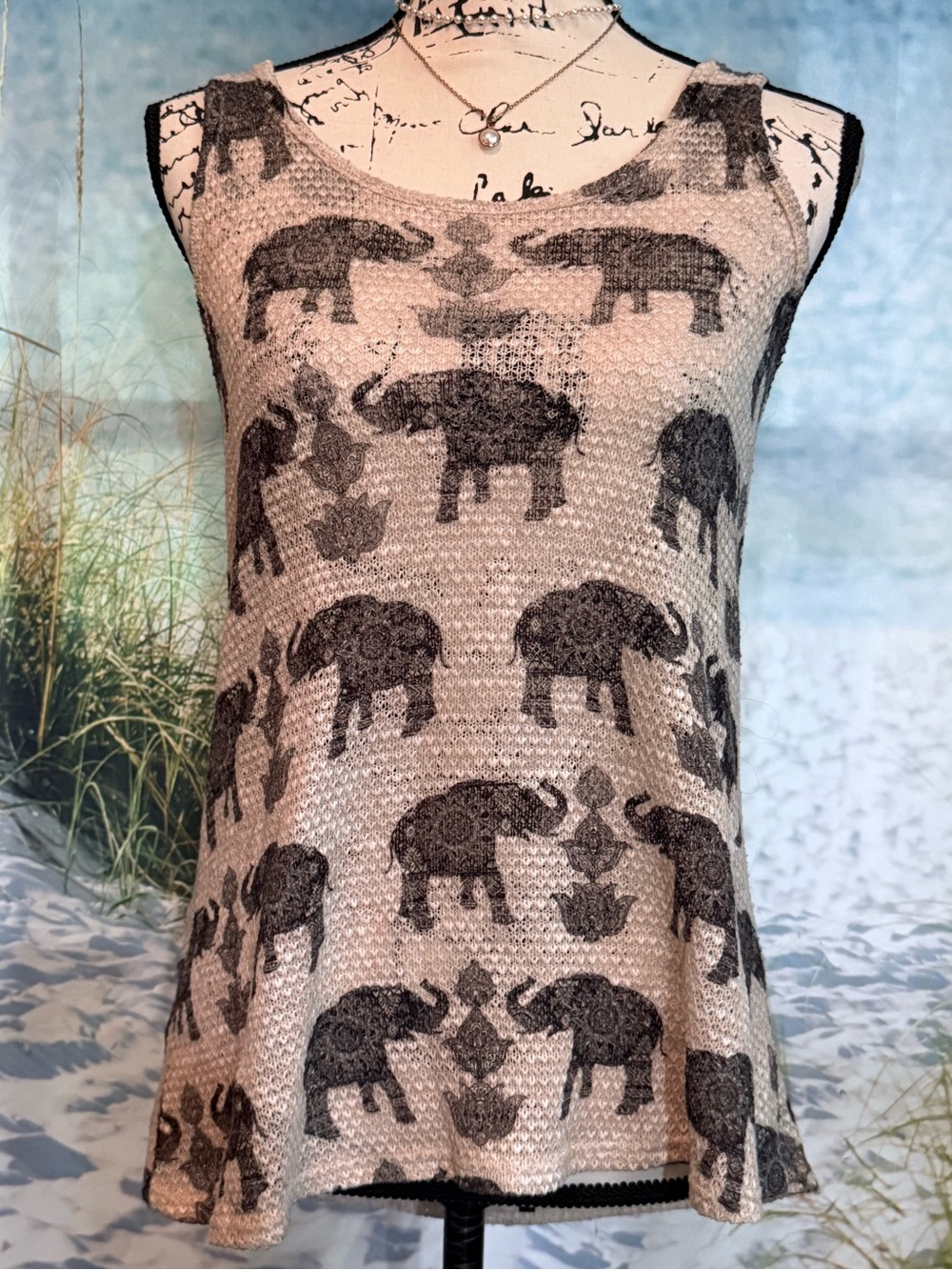 Papaya Beige Tank Top with Charcoal Elephant Motif